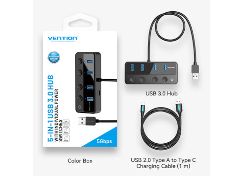 תחנת עגינה | Vention USB-A to USB-A x4 | on/off Switches | USB-C