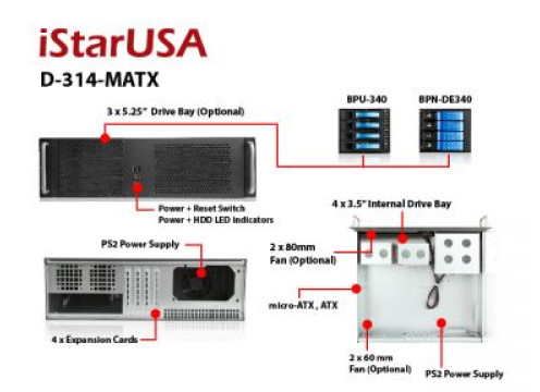 מארז תעשייתי 3U קומפקטי Rackmount ללוחות iStarUSA MicroATX תומך ספק כוח PS2