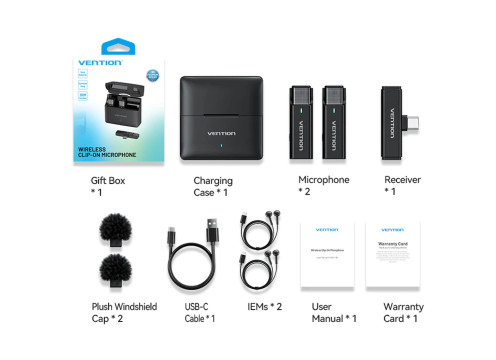 מערכת מיקרופון דש אלחוטי עם מארז טעינה Vention Clip-On Lavalier USB-C 48KHz