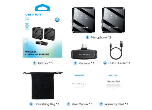 מערכת מיקרופון דש אלחוטי עם מקלט Vention Clip-On Wireless 32KHz USB-C