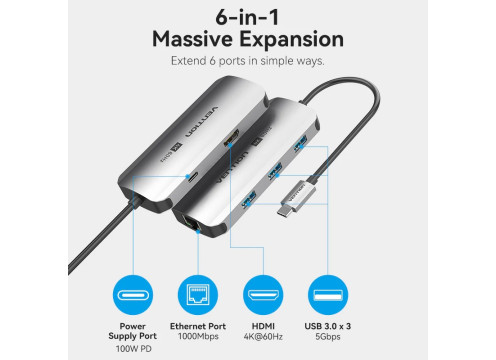 מתאם Vention USB-C to HDMI | USB-A x3 | LAN | USB-C PD100W | Dock