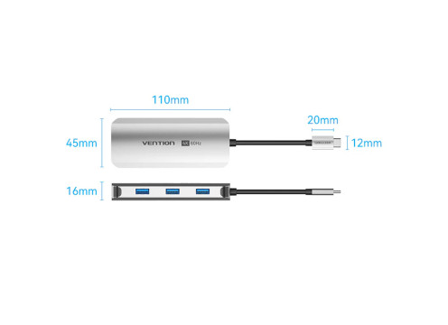 מתאם Vention USB-C to HDMI | USB-A x3 | LAN | USB-C PD100W | Dock