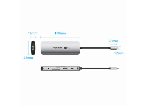 מתאם Vention USB-C to HDMI | USB-A x2 | USB-C | SD Card Reader | LAN | 3.5mm | PD100W | Dock